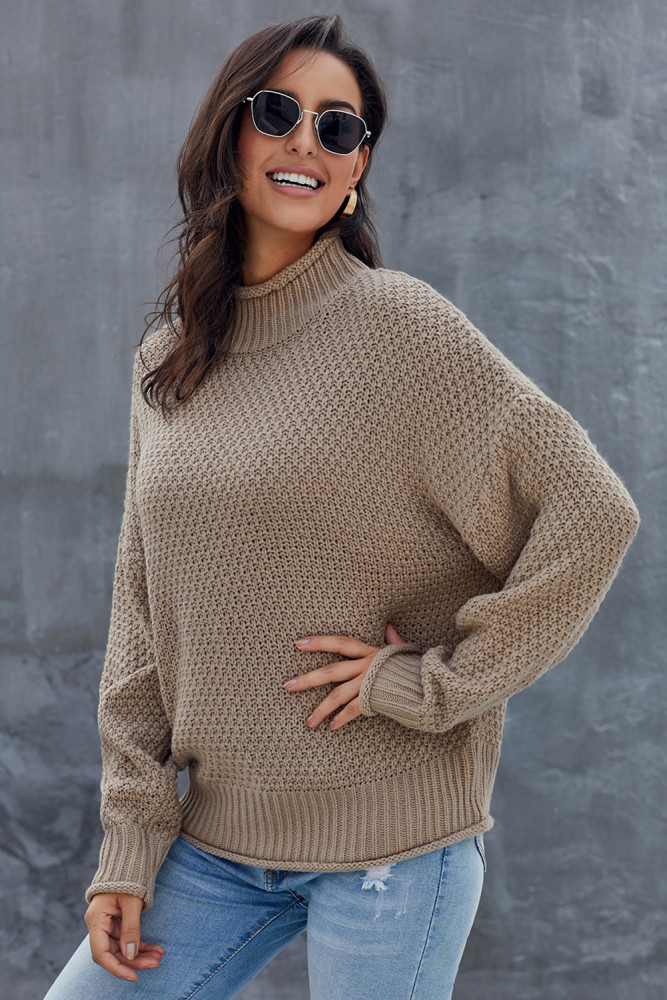 Khaki Oversized Chunky Batwing Long Sleeve Turtleneck Sweater