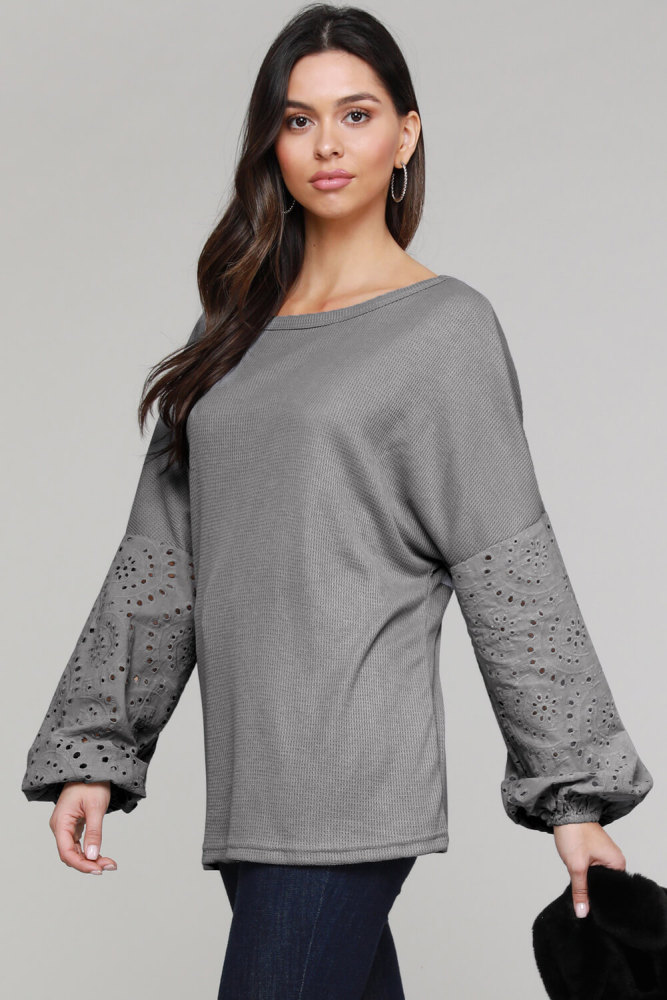 Gray Loose Casual Puffy Sleeve Top
