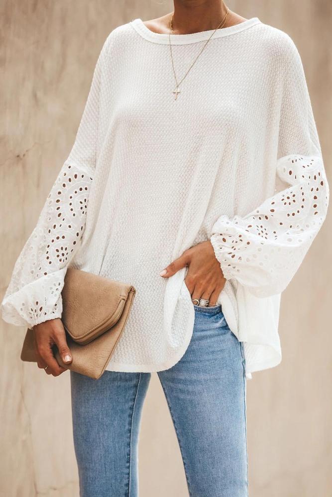 White Loose Casual Puffy Sleeve Top