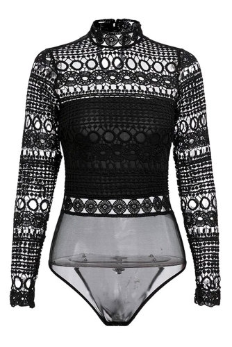 Hollow Out High Neck Long Sleeve Lace Bodysuit