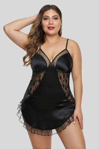 Black Mesh Satin Ruffled Hem Plus Size Lingerie