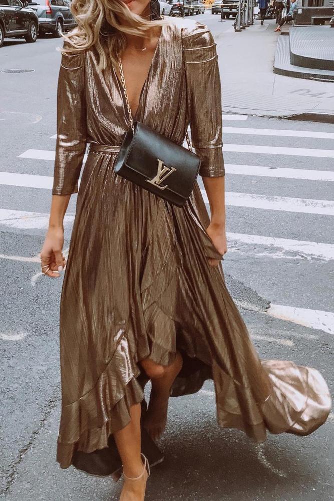 Metallic Shine Ruffled V Neck Maxi Party Dress