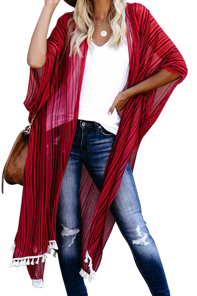 Red Striped Tassel Kimono
