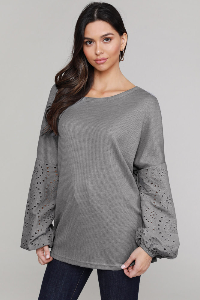 Gray Loose Casual Puffy Sleeve Top