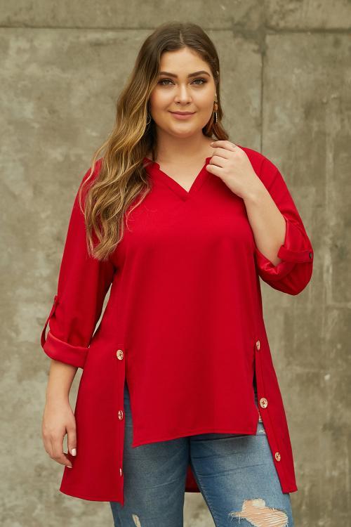 Red V Neck Tab Roll up Sleeve Slits Plus Size Top