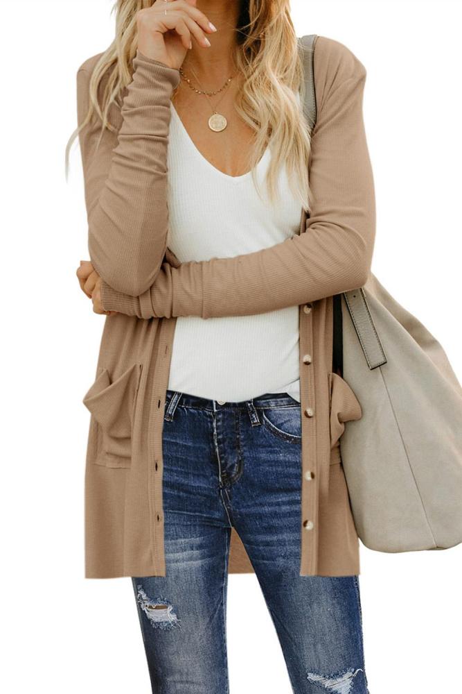 Khaki Button Down Pocketed Cardigan