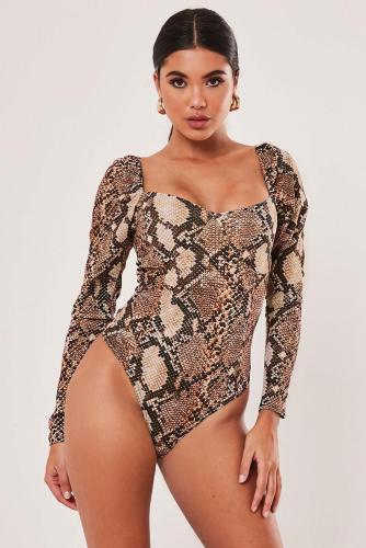 Brown Snake Print Puff Sleeve Bodysuit
