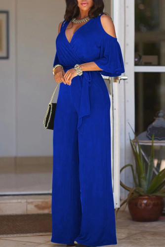 Blue V Neck Straps Wide Legs Long Jumpsuit
