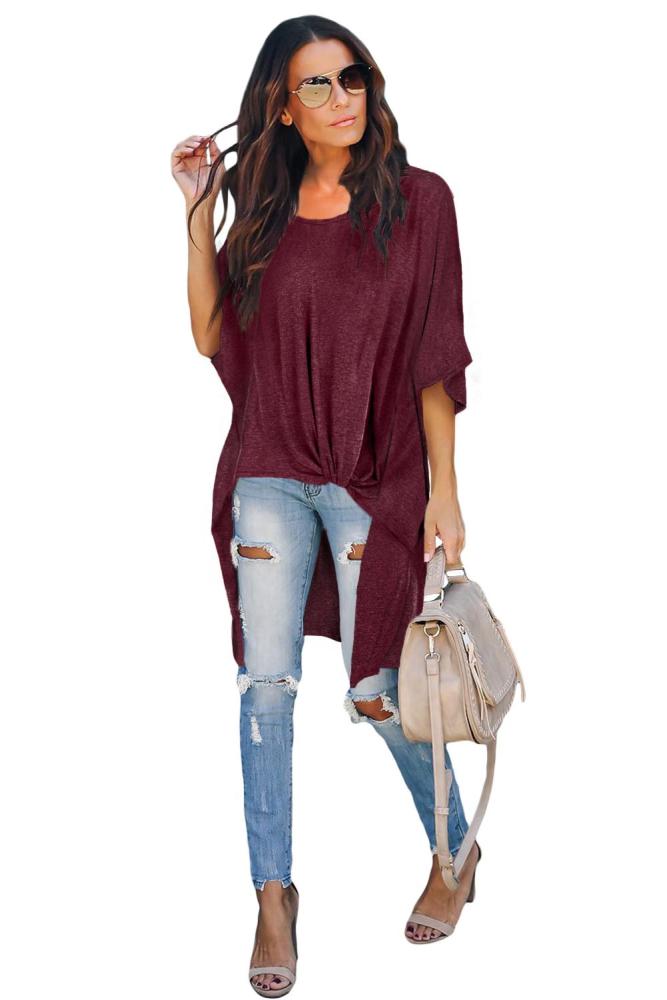 Red Twist Ruched Hi-low Hem Top