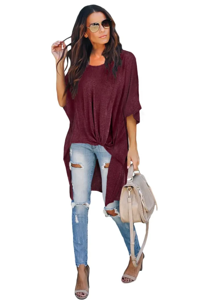 Red Twist Ruched Hi-low Hem Top