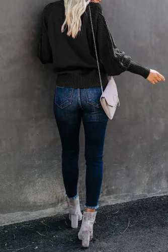 Black Housewarming Cable Knit Balloon Sleeve Sweater