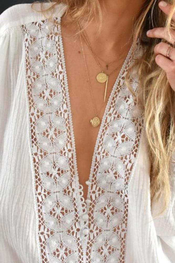 White Deep V Neckline Crochet Lace Blouse