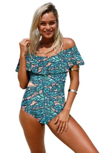 Green Flounce Off Shoulder One Piece Swimsuit