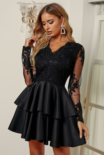 Black Sequin Embroidered Multilayer Skater Dress