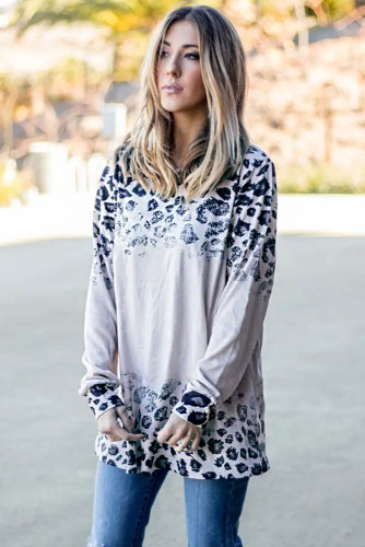 Beige Long Sleeve Loose Fit Cheetah Tunic