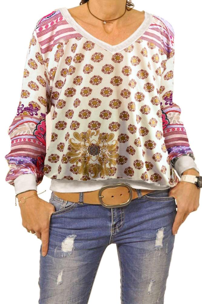 White Vintage Print V Neck Sweatshirt