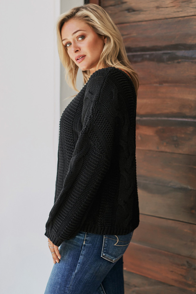 Black Bubblegum V-Neck Braided Knit Sweater