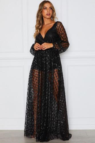 Black Glittering Checked Pattern Sheer Gown