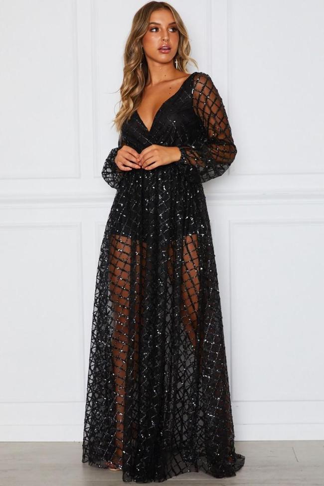 Black Glittering Checked Pattern Sheer Gown