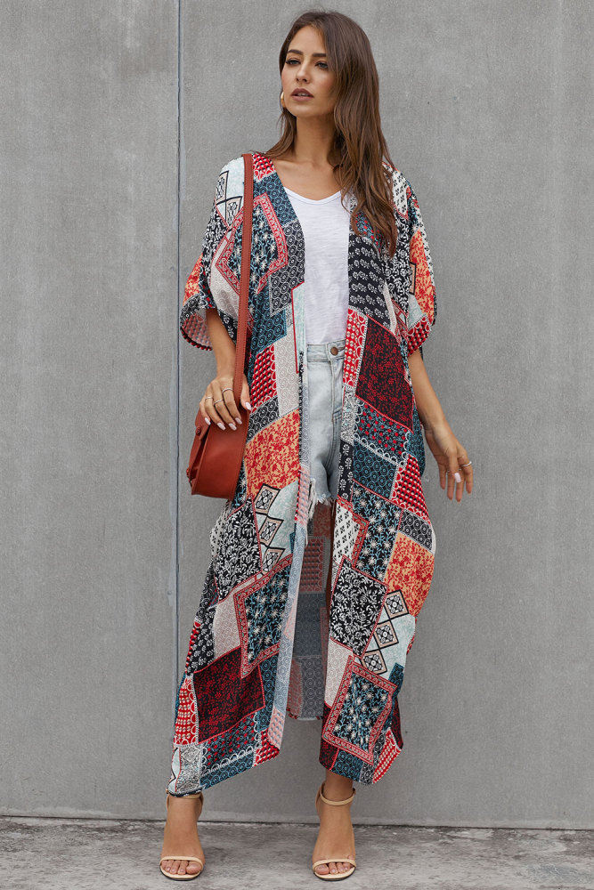 Geometric Plaid Bohemian Style Tie Kimono