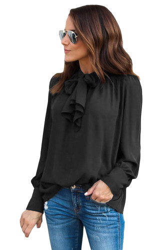 Black Demure Tie Neck Blouse for Women