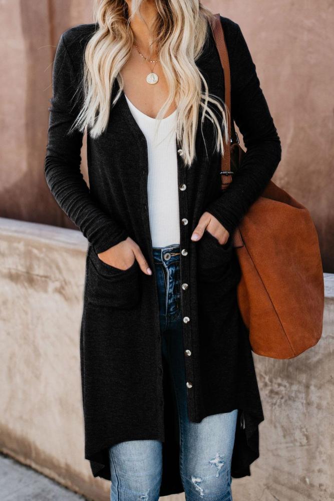 Black Selected Button Down Pocketed High Low Cardigan