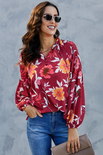 Red Hues Of Autumn Floral Lantern Sleeve Blouse