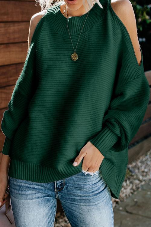 Green Cold Shoulder Pullover Sweater