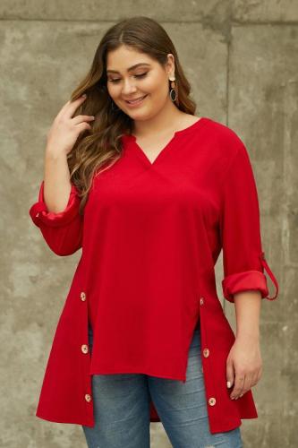 Red V Neck Tab Roll up Sleeve Slits Plus Size Top