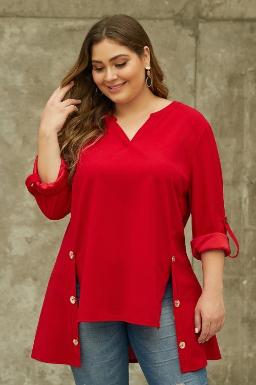 Red V Neck Tab Roll up Sleeve Slits Plus Size Top