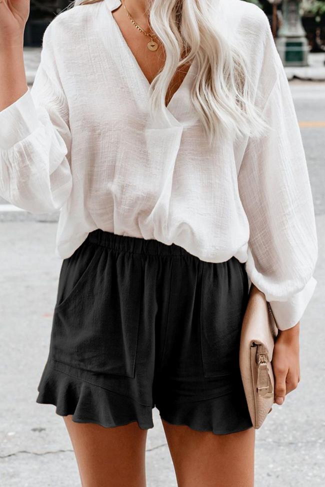 Black Linen Cotton Pocketed Flutter Shorts