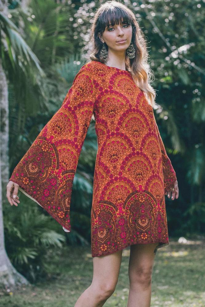 Orange Starlight Bell Sleeve Shift Print Dress