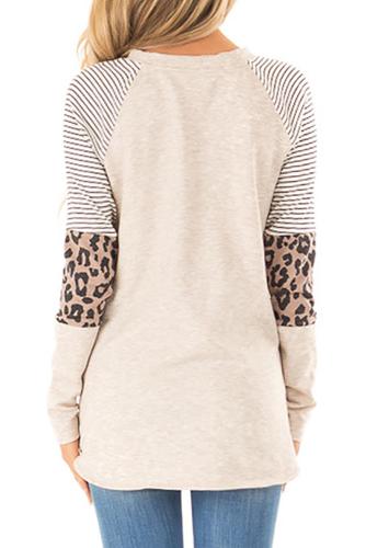 Khaki Striped and Leopard Color Block Sleeves Top
