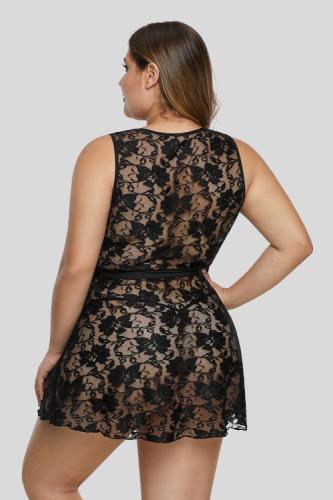 Black Wrap Sash Tie Floral Lace Plus Size Lingerie