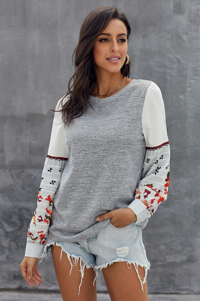 Gray Contrast Printed Sleeve Knit Sweatshirts