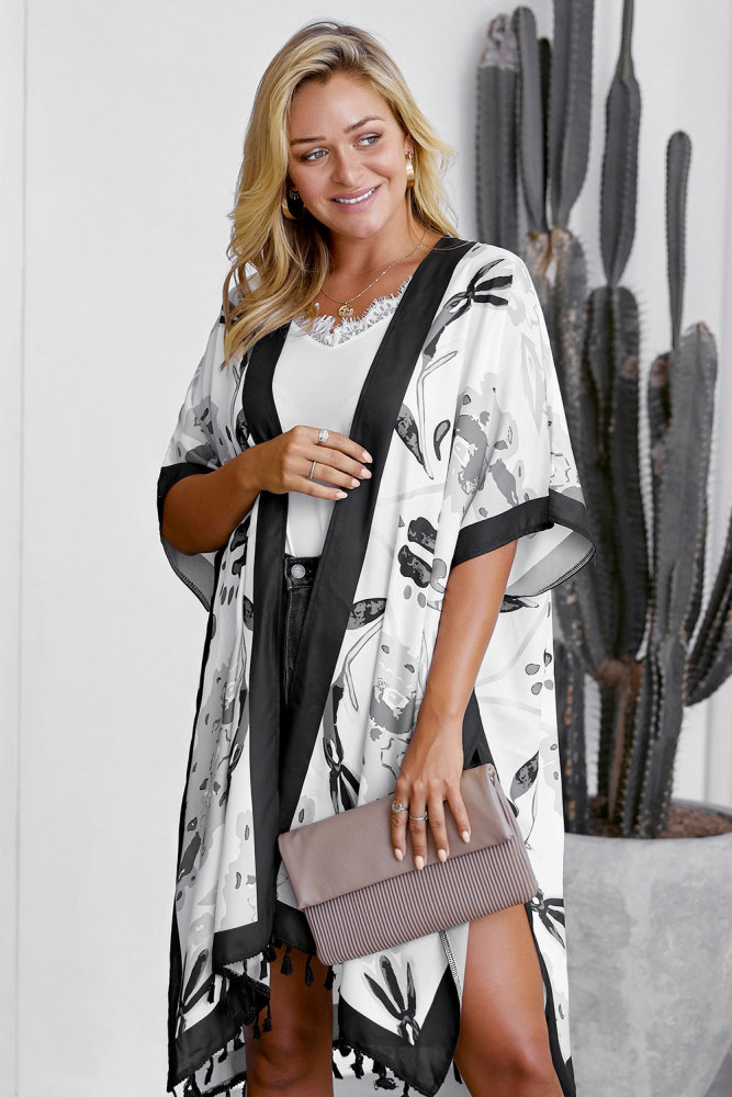 Black Bohemian Print Open Front Loose Kimono Beach Cover up