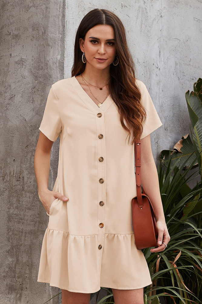 Beige Pocketed Button Down Ruffle Dress