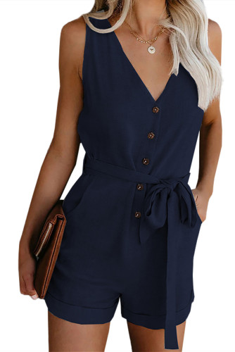 Blue Button V Neck Romper with Belt