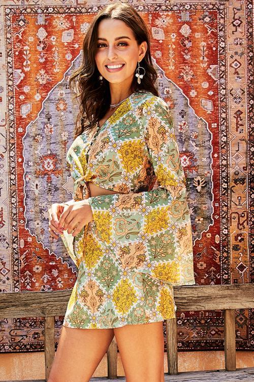 Yellow Retro Bell Sleeve Front Knot 2 Pcs Dress