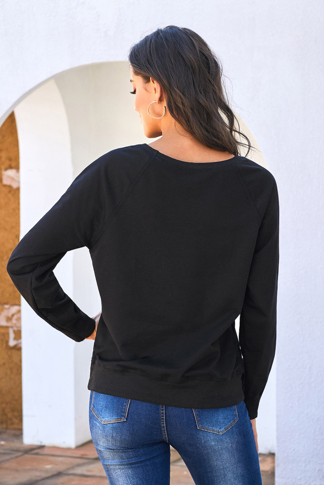 Black French Terry Cotton Blend Pullover Sweatshirt