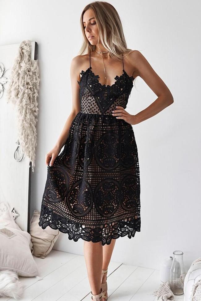 Black Crochet Lace Midi Party Dress