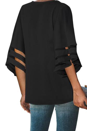 Black Flare Sleeve V Neck Button Down Blouse