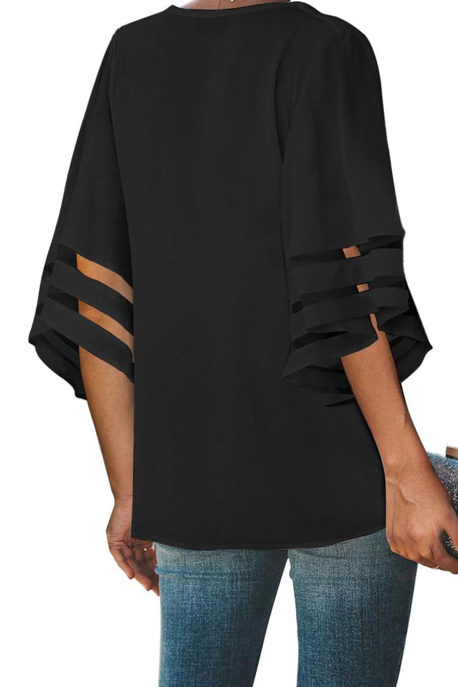 Black Flare Sleeve V Neck Button Down Blouse