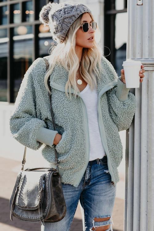 Green Cool For The Winter Pocketed Teddy Jacket