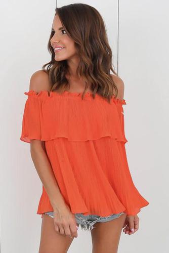 Orange Off-Shoulder Pleated Ruffle Blouse