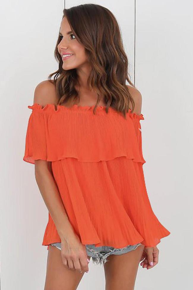 Orange Off-Shoulder Pleated Ruffle Blouse
