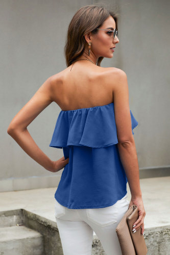 Blue Oceanside Ruffle Strapless Tie Top