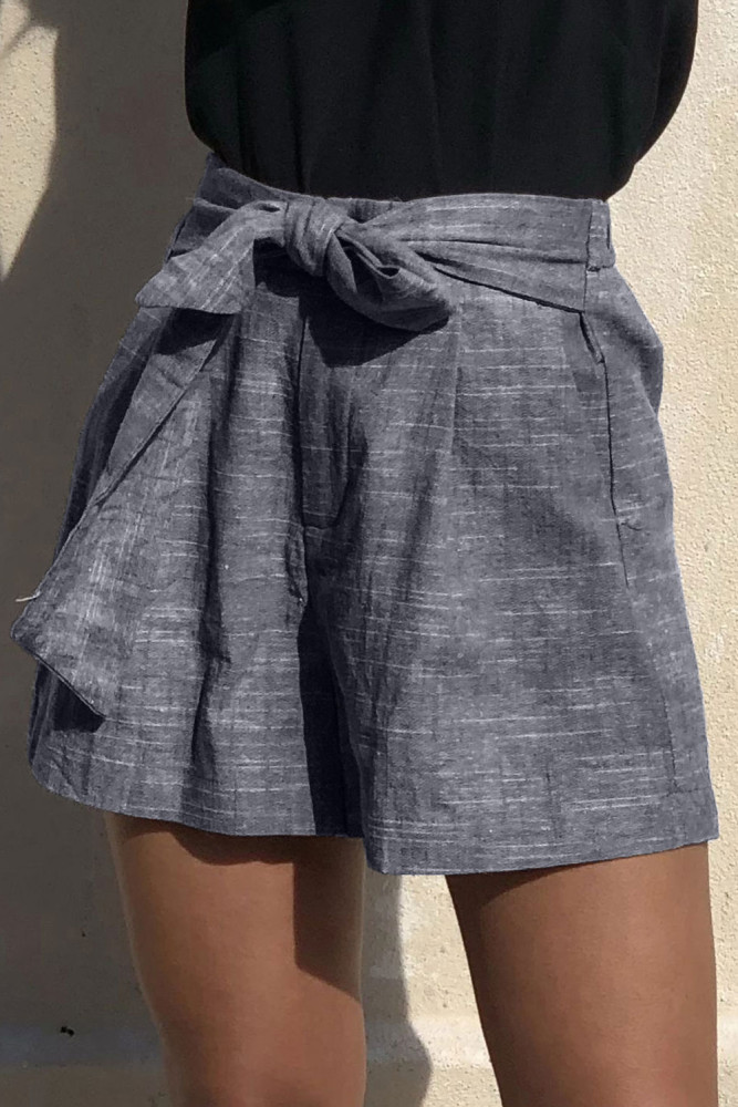 Blue Tie Waist Casual Linen Shorts with Pockets