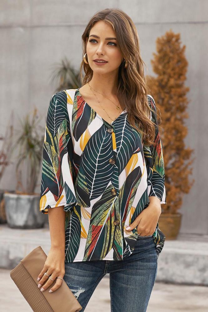 Green Tropical Leaf Print Button Down Blouse