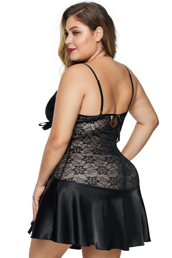 Black Wrapped V Neck Floral Lace Abdomen Plus Size Babydoll